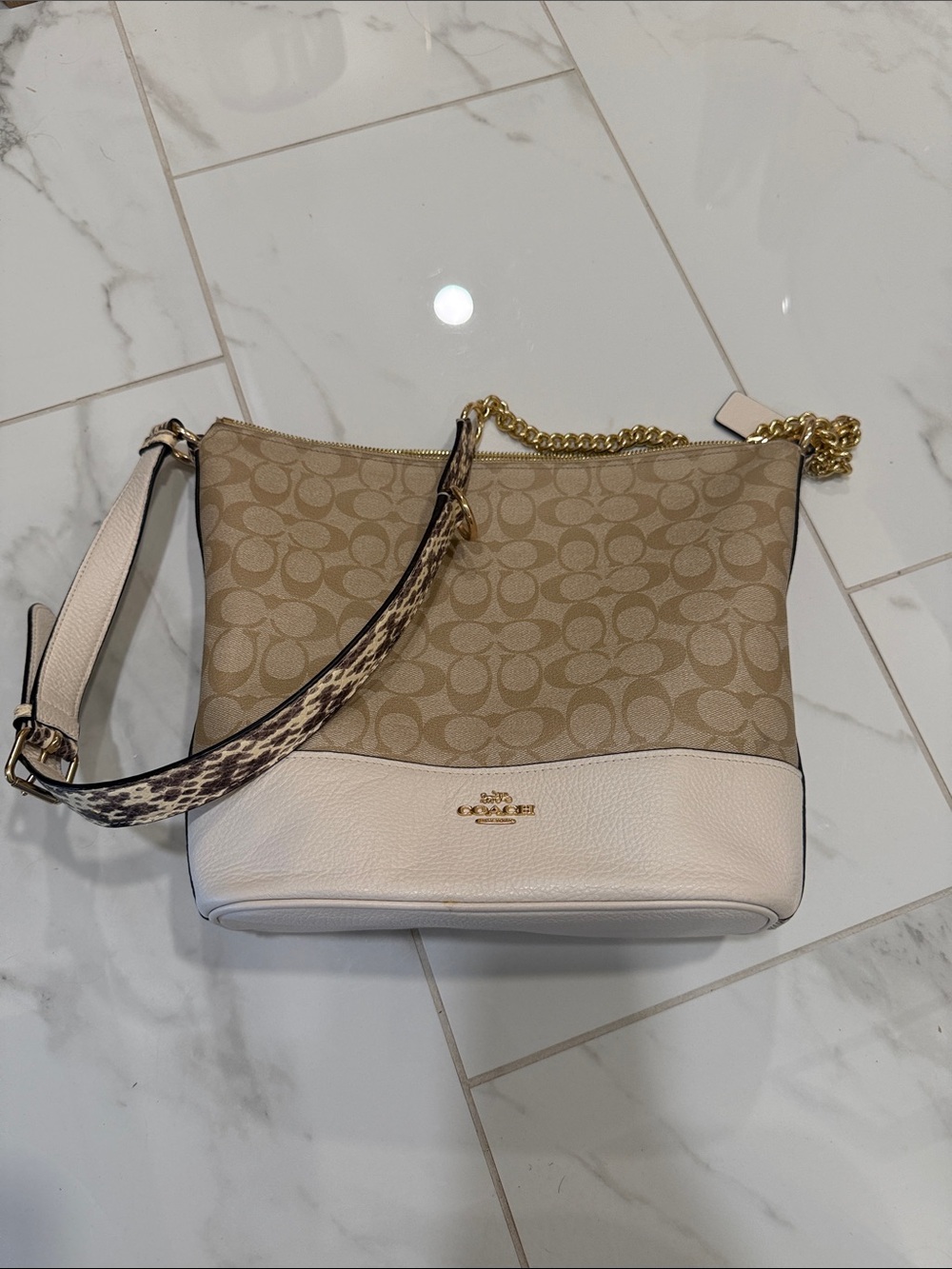 Coach Beige Signature Canvas and Chalk Leather Shoulder Bag with Leopard Accent